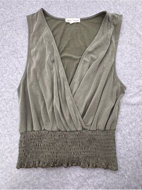 Moa Moa Olive Wrap-Style Sleeveless Smocked Waist Crop Top Small